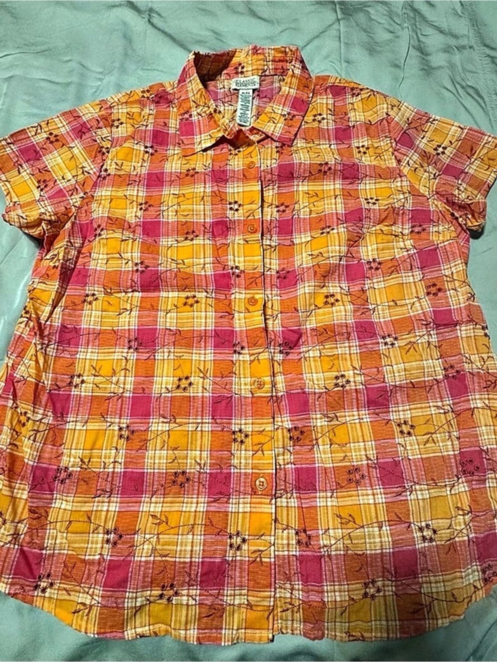 Classic Elements XL Embroidered Plaid Button Up Shirt Pink Orange Yellow